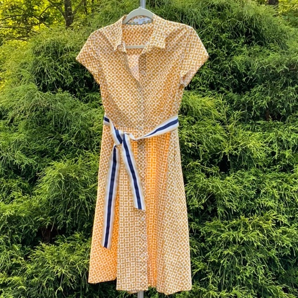 Boden Yellow and White Print Cotton Midi Dress W/ Pockets EUC